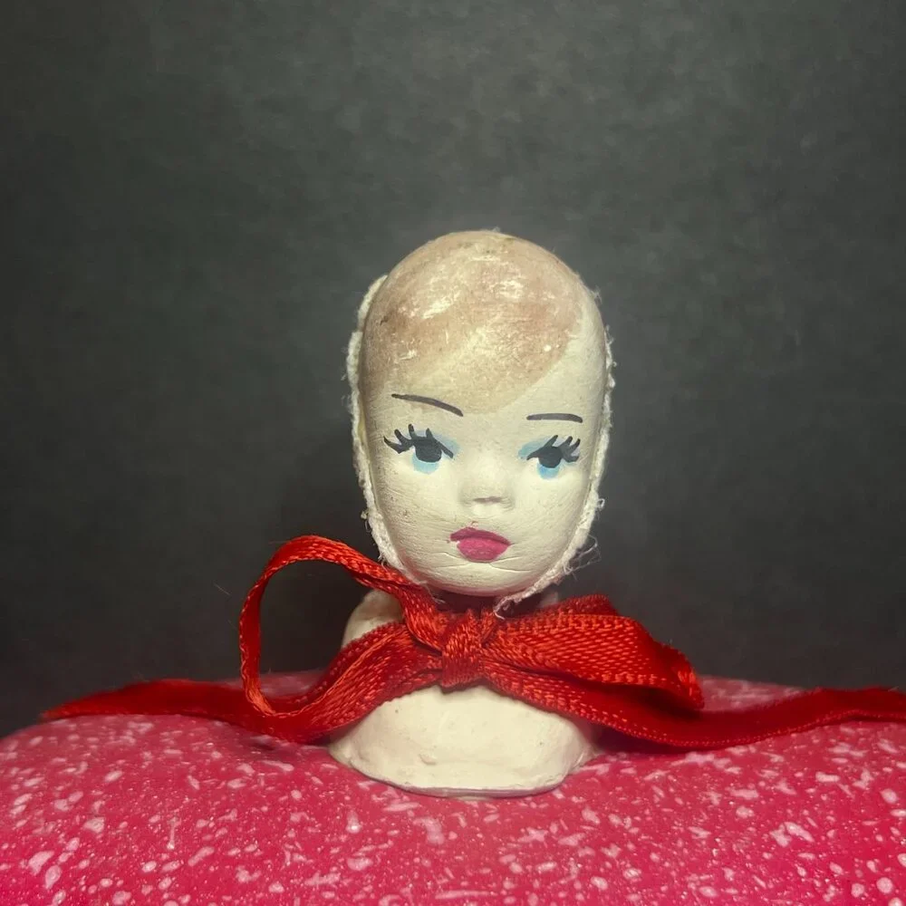 Vintage Unique OOAK Red Art Pottery Ceramic Doll Head Oval Trinket Jewelry Box